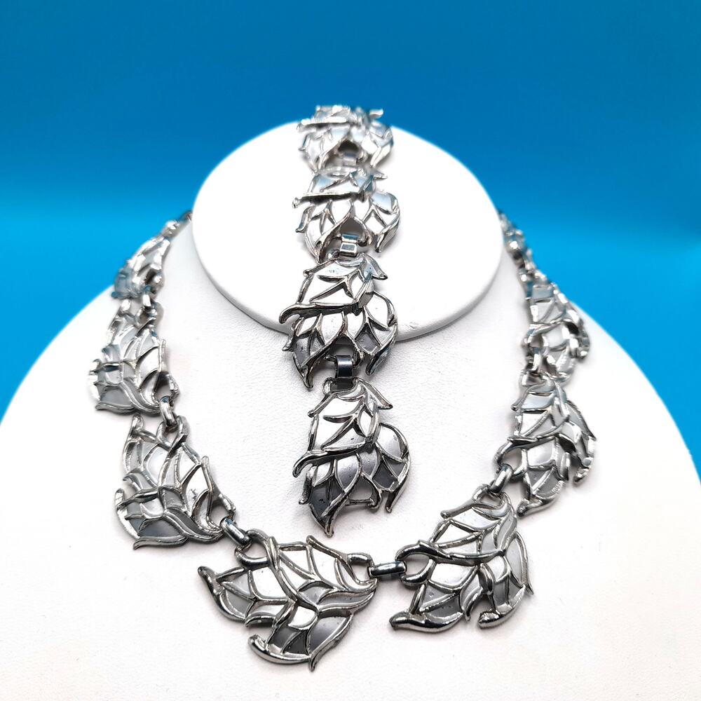 Vintage Silver Leaf Necklace Bracelet Set Mid Century 1950s Unsigned